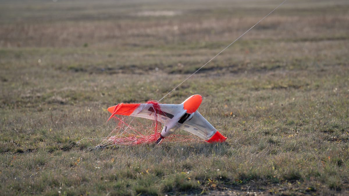 An unmanned aerial system intercepted by a net effector, demonstrating the non-lethal, low-collateral capability of the CICADA eMissile. Photo: Diehl Defence