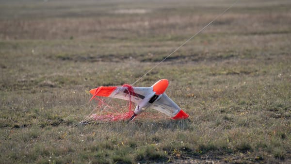 An unmanned aerial system intercepted by a net effector, demonstrating the non-lethal, low-collateral capability of the CICADA eMissile. Photo: Diehl Defence